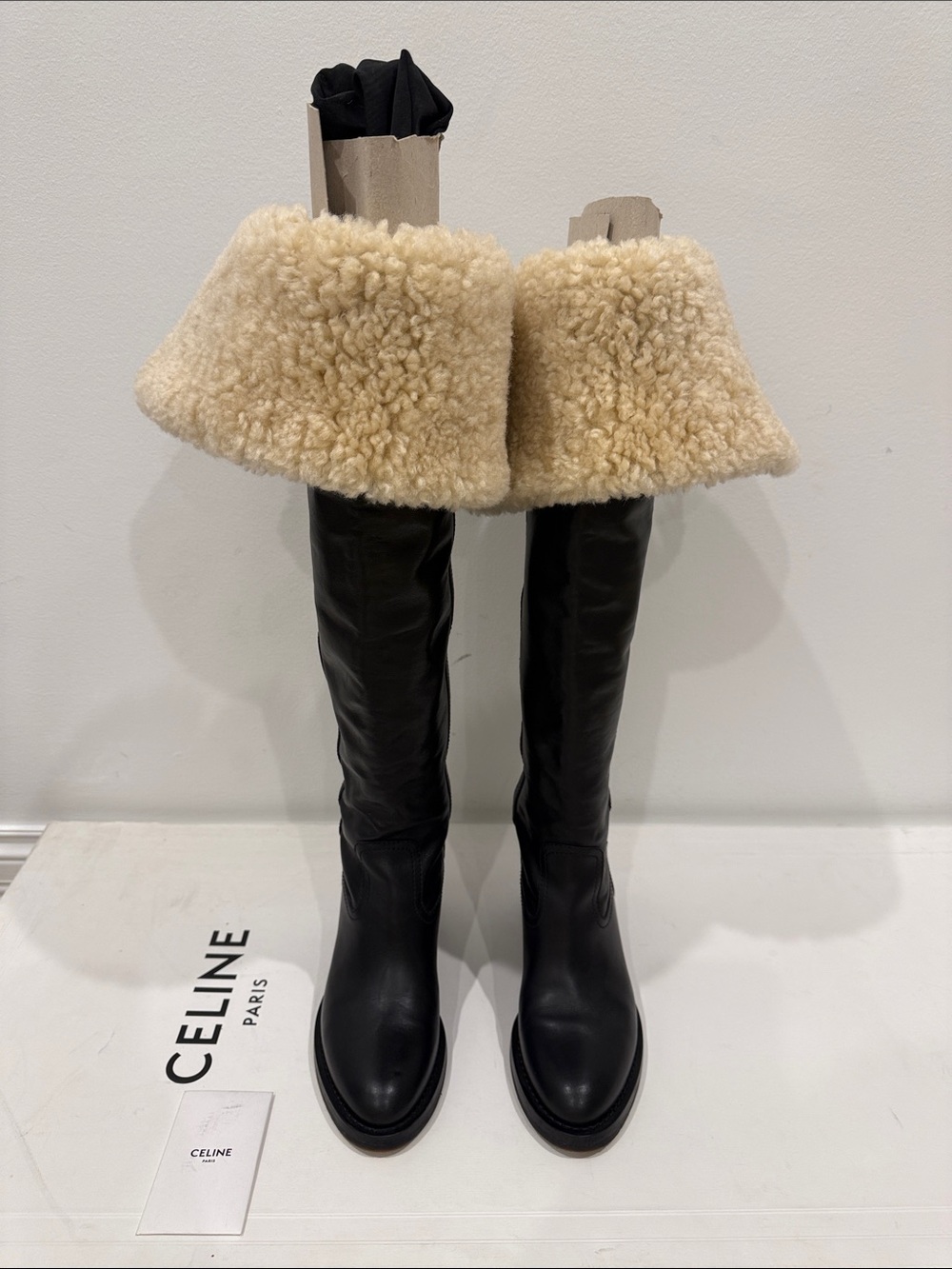 Celine Shearling Over The Knee Leather Boots 37 Black Fur Lined Rare Unworn